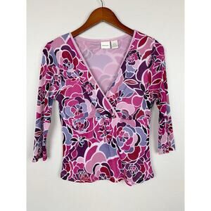 Vintage Y2K Merona Faux Wrap Top Pink Purple Floral Mesh Blouse Women's L